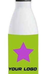 White bottle mockup with a green label featuring a purple star design.