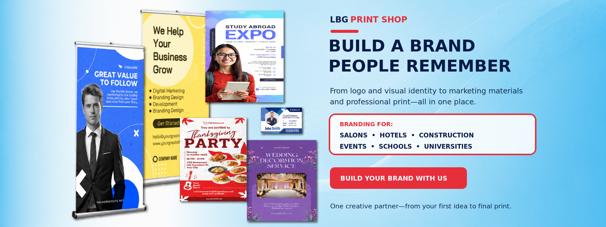 LBG Print Shop slider displaying branded roll-up banners, flyers, invitations and business cards, promoting professional branding for salons, hotels, construction companies, events, schools and universities.